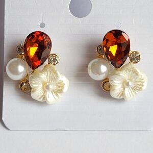 Pearl Flower Stud Earrings Burnt Orange Teardrop Rhinestone Women w/ Gift Bag